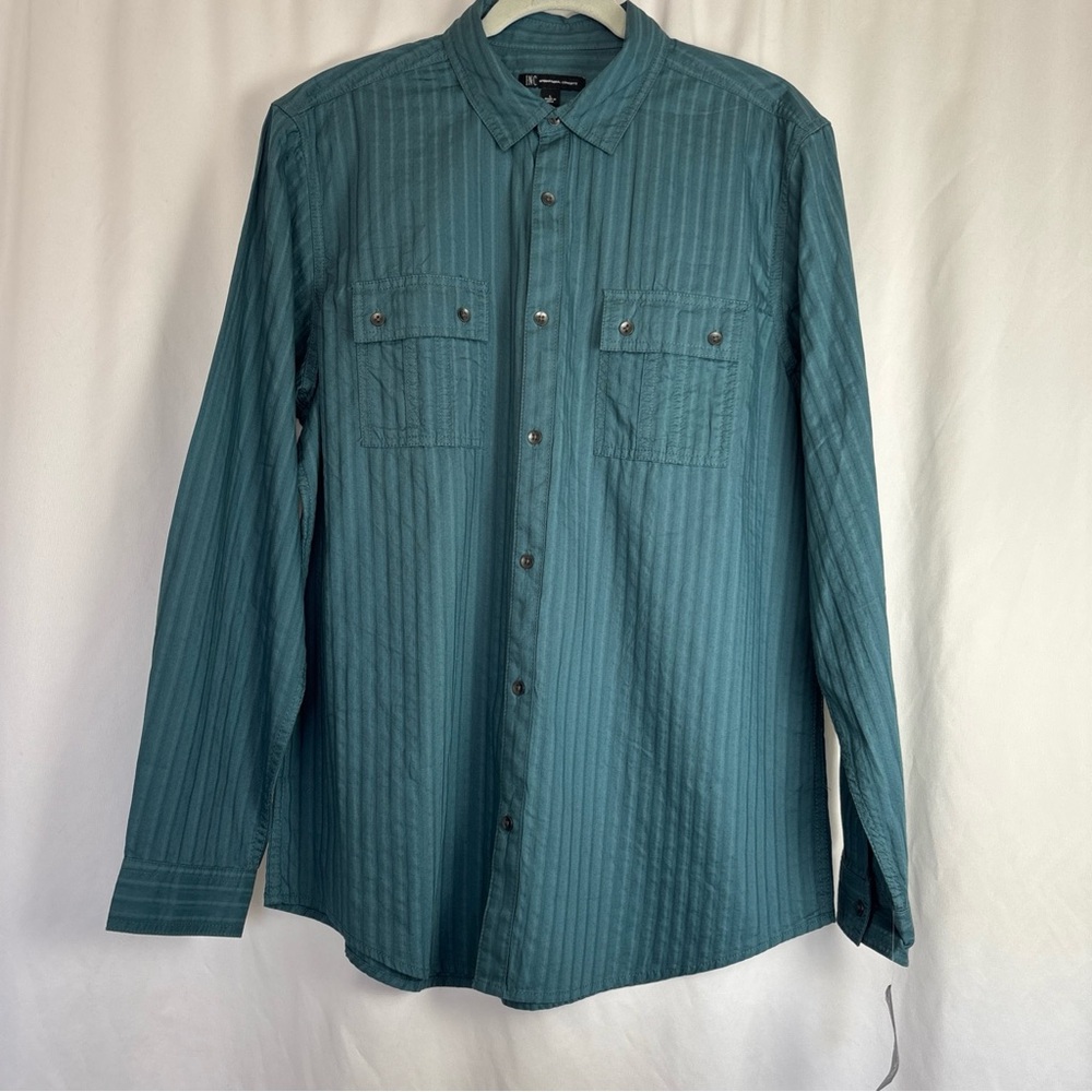 NWT INC International Concepts Mens L‎ Stripe Teal Long Sleeve Button Down Shirt